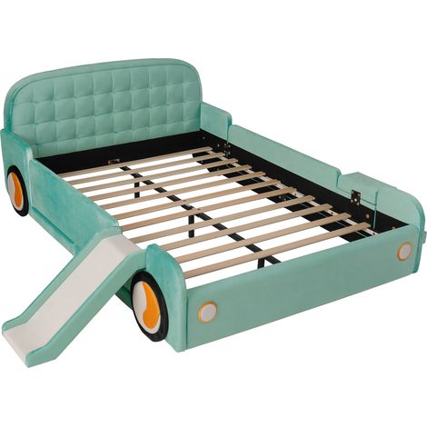 Lit enfant voiture avec toboggan et escalier 140 x 200 cm bleu vert HOMVRA (1/5)