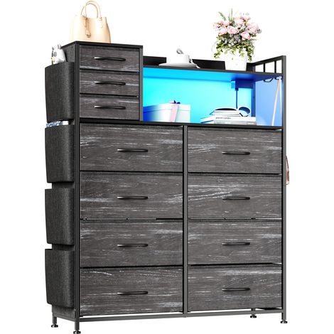 Commode à 11 Tiroirs, Éclairage LED, Prises USB & USB-C, 4 Poches Latérales, Crochets, Commode de Chambre, Métal & Bois, Noir