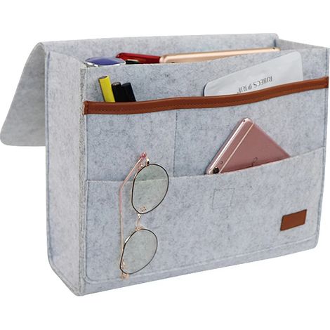 Gris - Organiseur de chevet, pochette de rangement en feutre pour téléphone, télécommande, journal, stylo, magazine, verre (1/5)