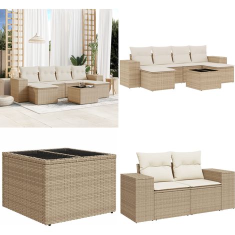 7-tlg. Garten-Sofagarnitur mit Kissen Beige Poly Rattan - Gartenmöbel Set - Outdoor Möbel - Rattan Gartenmöbel - Lounge Set - Esstisch Set - Home & Living (1/5)