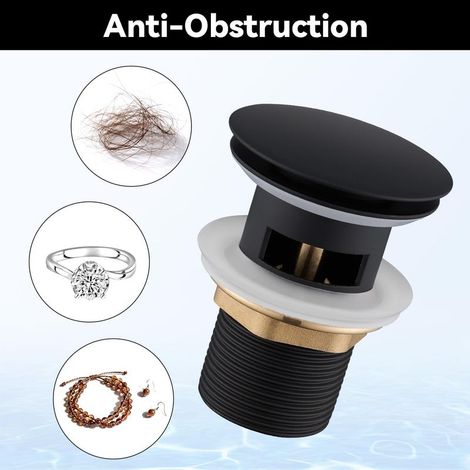 Bonde de Lavabo avec Trop Plein, Bouchon Lavabo Salle de Bain, Bonde de vidage Pop-up Clic Clac Anti-colmatage, Universelle Standard-G 1 ¼, Finition Noir Mat (1/2)