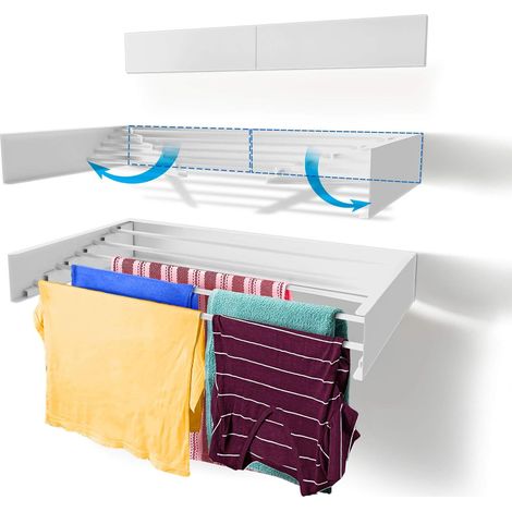 1 - Étendoir à linge - Fixation murale - Rétractable et pliable - Intérieur et extérieur - Aluminium et acier inoxydable - Blanc - 70 cm