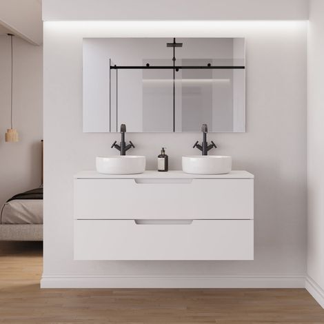 Meuble de salle de bain 120cm avec plateau et 2 vasques à poser rondes - 2 tiroirs - blanc mat - SONRIZA (1/5)