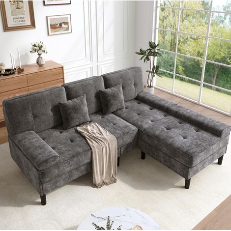 Divano angolare modulare 195 cm grigio antico in ciniglia con pouf mobile e 2 cuscini (1/5)