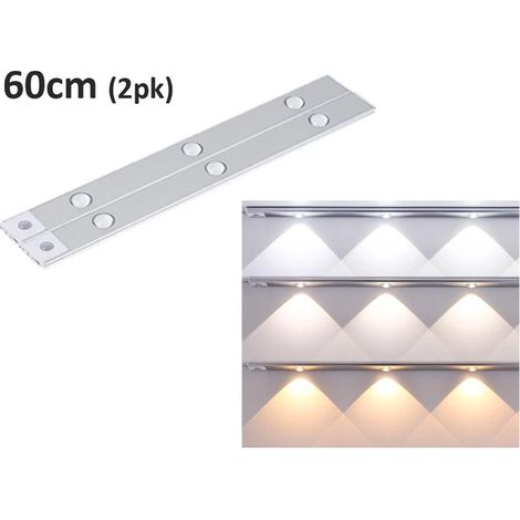 Lot de 2 lampes LED 60 cm sans fil avec détecteur de mouvement, éclairage de penderie, 3 couleurs entrelacées, projecteur, alimentées par batterie rechargeable, argent (1/5)