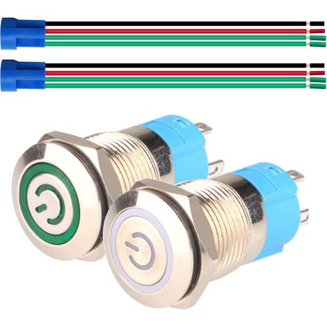 2pcs 12mm Autobloquant Interrupteur,Acier Inoxydable Verrouillage Bouton Interrupteur,Normalement Ouvert SPST 12V-24V 3A Interrupteur à Levier Étanche avec Fiche à Douille(Blanc+Vert) (1/5)
