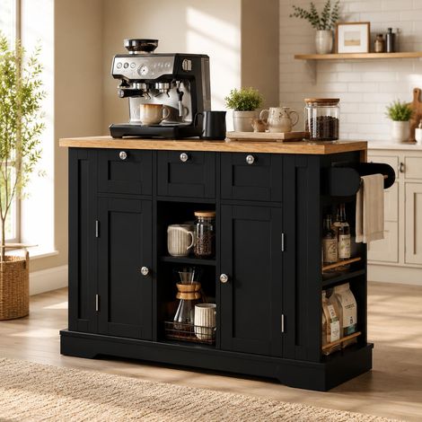 FurnitureR Black Kitchen Island 132x70x87cm with Socket Bar and Drawers (1/5)