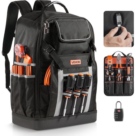 VEVOR Sac a Dos a Outils, Charge 45,3 kg, Sac a Outils, 38x23x54,6 cm, avec 56 Poches, Compartiment Ordinateur Portable, Base, Organisateur a Outil Robuste pour Chantier, Electricien, Reparateur CVC