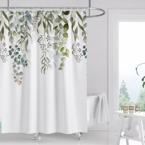 Cortina de ducha floral verde menta，Estilo rústico con estampado estético，Poliéster impermeable，Con 12 ganchos，Decoración de baño (183 x 200 cm) (1/5)
