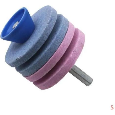 Affûteuse électrique double plateau pour tondeuse à gazon, type perceuse, pour le meulage, l'affûtage et le polissage des métaux. Quatre plateaux d'affûtage, 2 poudres, 2 bleues. (1/5)
