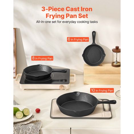 Poêle en Fonte Lot de 3PCs 16 cm/22 cm/26,5 cm, Sauteuse Pré-assaisonnée avec Poignée Résistante à la Chaleur, Ustensiles de Cuisine Restaurant, pour Four, Gaz, Électrique, Induction, Noir (1/5)