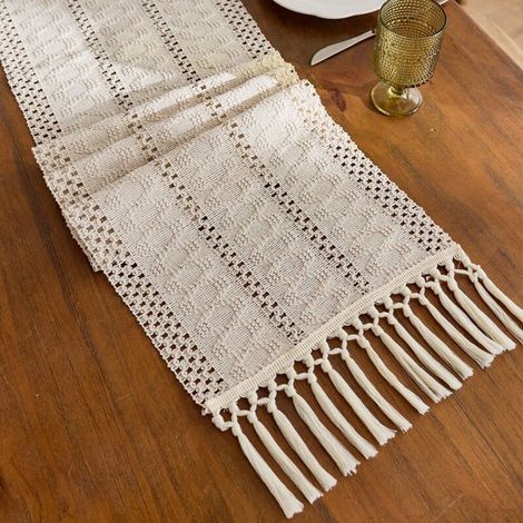 Blanc cassé, 30 x 180 cm Chemin de table en coton et lin à blocs de couleur, orné de pompons ajourés noués, longue nappe décorative pour meuble TV de salon, table basse, set de table. (1/5)