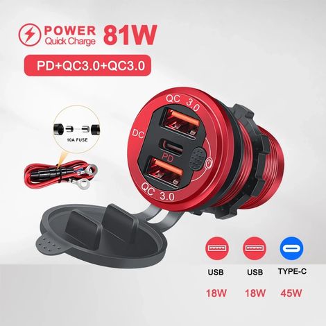 Chargeur de voiture multiple 12 V/24 V en aluminium, triple prise USB-C 81 W, ports PD 3.0 et deux ports QC 3.0, avec interrupteur tactile, pour bateaux, camping-cars et quads. (1/5)