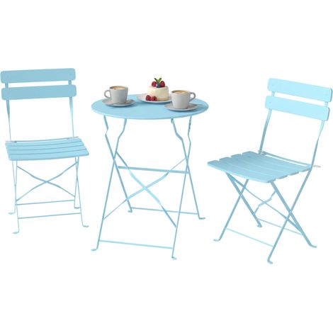 3-teiliges Garten-Set: Klapptisch + 2 Klappstühle mit Lattenrost, Hellblau, doppelter Rostschutz