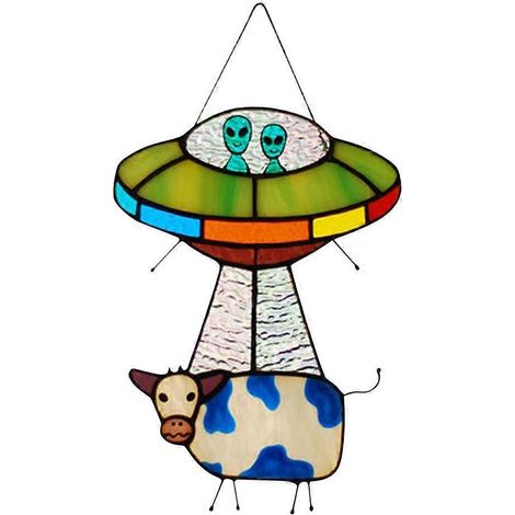 Bemalter UFO-Anhänger, Kuh-Buntglas-Sonnenfänger, Fensterpaneel für kreative Türbehang-Garten-Heimdekoration