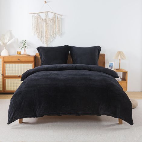 Parure de lit douillette 200x220 cm Noir – Housse de couette en polaire chaude pour automne hiver avec 2 taies d'oreiller 80x80 cm, ensemble de literie en flanelle doux et moelleux avec (1/5)
