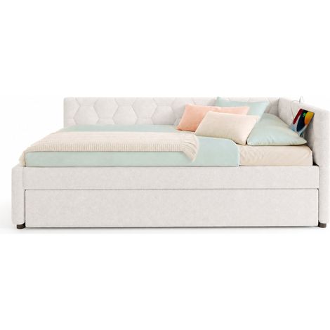 Letto giorno 90x200 cm con letto estraibile, lampada integrata, porte USB e Type-C, struttura in MDF e rivestimento bouclé bianco, per camera bambino CHICFURN (1/5)
