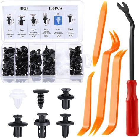 Clips para coche, 100 clips universales de plástico negro para remaches de paneles y molduras de puertas de coche, con estuche de almacenamiento y herramienta de extracción. (1/5)