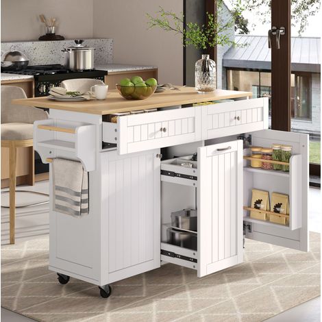 Carrito de cocina 140x70x92 cm con 2 puertas, 3 cajones, bandeja de mesa plegable, toallero, especiero, en MDF, blanco (1/5)
