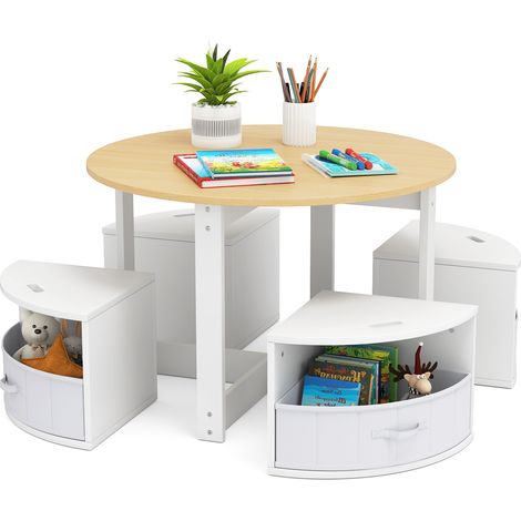 Table ronde enfant finition naturelle avec 4 tabourets gigognes, rangements intégrés et bords arrondis pour salle de jeux et crèche (1/5)