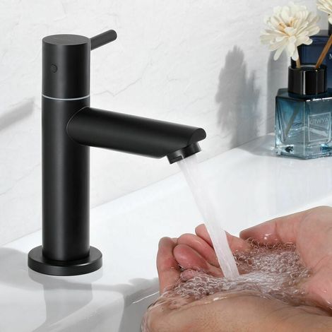 Robinet Lavabo - Acier Inoxydable - Froid Seul - Tête Aérateur Remplaçable - Finition Brossée Noire - 1 Pièce (1/5)