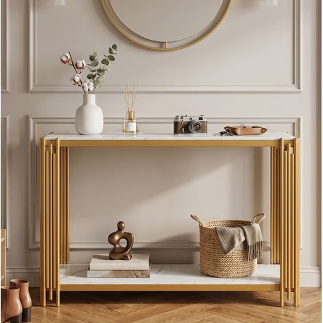 Console à 2 étagères effet marbre blanc, structure métal doré, 123,5 x 33,5 x 80 cm (1/5)