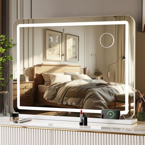 Specchio per il trucco con luce, 80x60 cm, grande specchio Hollywood con USB e tipo C, lente d'ingrandimento 10x, 3 temperature di colore, specchio da parete, specchio da tavolo, controllo touch, spec