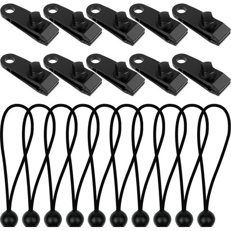 Lot de 20 Clip pour Bâche Tente, 10pcs Pince pour Bâche Pince Verrouillage, 12pcs Tendeur Elastique avec Boule, pour Tentes, Couvertures, Auvents, Bannières, Pavillon, Camping (1/5)