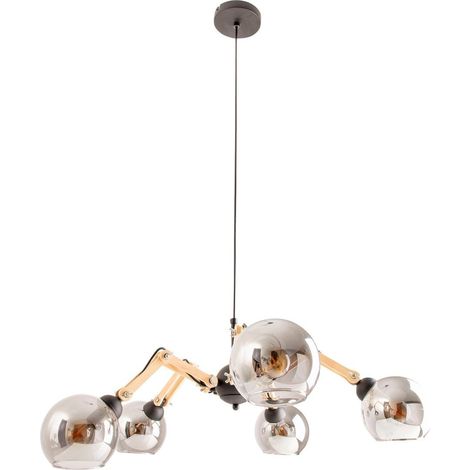 Suspension 5 Globes en Verre et Bois de Caoutchouc Style Industriel Noir Mat Ø 80 cm E14 - PANGIVO (1/5)
