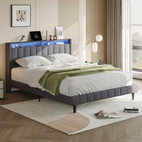 Lit 160 x 200 cm avec sommier,lit 2 personnes avec LED et ports USB,étagères ouvertes,lit double rembourré avec sommier à lattes en bois,lit pour adulte et adolescent,lin,gris (1/5)