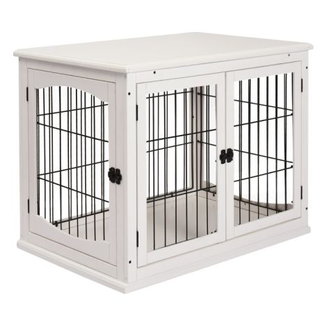Stylish Dog Crate Furniture End Table for Medium and Small Dogs with Two Doors,81x58.5x66 cm,White Pet Kennel House (1/5)