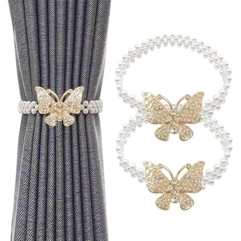 Embrasses de rideaux dorées et argentées en forme de papillon avec perles et boucle en métal, idéales pour le salon et la chambre à coucher,Or