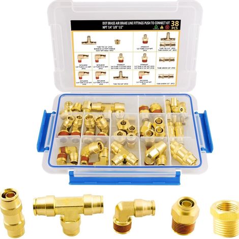 Kit assortimento di raccordi per tubi aria DOT da 38 pezzi in ottone, raccordi a spinta da 1/4", 3/8", 1/2", raccordi aria, raccordi freni pneumatici, riparazione kit tubi flessibili per sistemi pneum (1/5)