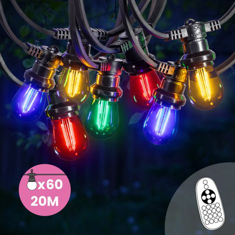 Guirlande Guinguette 20M 60 Bulbes Filament Rouge Bleu Jaune Vert Dimmables - Guirlande Lumineuse Exterieur avec Ampoule E27 à Intensité Variable - Variateur de Luminosité et Télécommande Inclus (1/5)