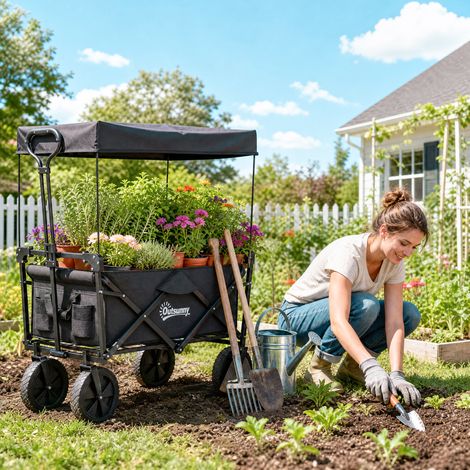 Chariot pliant avec toit, capacité 110 L, structure en acier, 97 x 52 x 105 cm, noir (1/4)