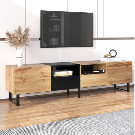 Meuble TV Noir et Naturel avec pieds noirs – Style industriel – Compartiments fermés et étagère – 190x38x48 cm (1/5)