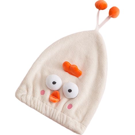 Bonnet de séchage ultra absorbant en microfibre, serviette de douche douce et mignonne, dessin animé, séchage rapide pour cheveux longs et épais, beige poulet (1/5)