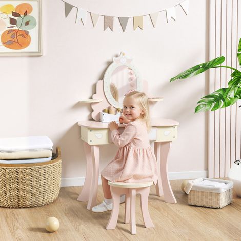 Coiffeuse enfant avec chaise, tiroir, miroir amovible et bureau enfant avec 7 accessoires, modèle 2 en 1, MDF, rose
