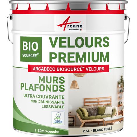 Arcane Industries – Peinture murale biosourcée finition velours 2.5 L – Couverture 30m² par couche – Blanc perlé RAL 1013 – Lavable et faible émission COV (1/5)
