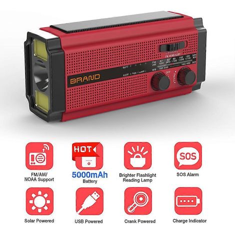 Radio de secours solaire à manivelle, lampe torche, lampe de lecture AM/FM/NOAA, chargeur de téléphone, alarme SOS, batterie externe de survie