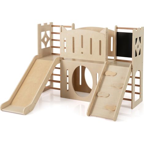 8-in-1 Toddler Slide Wooden Indoor Playground with Climber and Chalkboard-Natural (1/2)