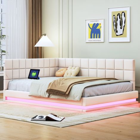 Cama sofá tapizada moderna 140x200 cm en lino beige con somier de láminas, LED RGB y puerto USB (1/5)