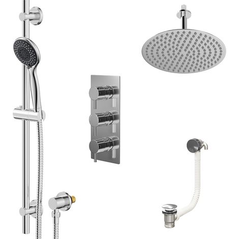 Wholesale Domestic Circo Polished Chrome Concealed Triple Thermostatic Shower Valve with Diverter and 300mm Round Head with 150mm Ceiling Arm and Clyde Slide Rail Kit with Free-Flow Bath Filler - 3 Ou (1/5)