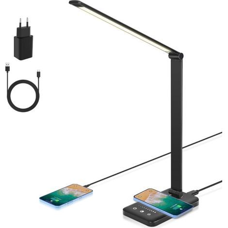 LED-Schreibtischlampe, dimmbare Tischlampe mit kabelloser Ladefunktion, 7,5 W und USB-Ladeanschluss, Leselampe zum Schutz der Augen, 5 Helligkeitsstufen, 5 Farben [Energieklasse F] (1/5)