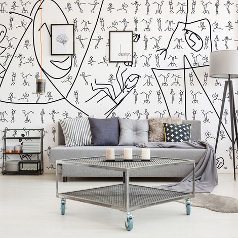 Papier Peint Intissé Line Art Primitif 270 cm X 250 cm, Dessin Batons, Décor Design pour Murs et Sols (1/5)