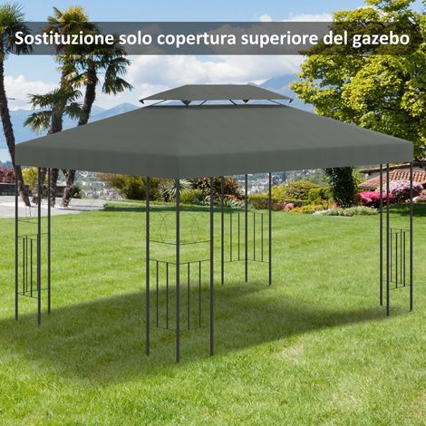 Bâche de gazebo 4x3m à 2 niveaux en polyester avec sangles et 10 trous de drainage. Gris foncé.