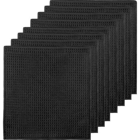 Chiffons de nettoyage lavables, noirs, lot de 8, chiffons en microfibre gaufrée, 20 x 20 cm, réutilisables pour la cuisine, la maison, la voiture et le nettoyage des vitres. (1/5)