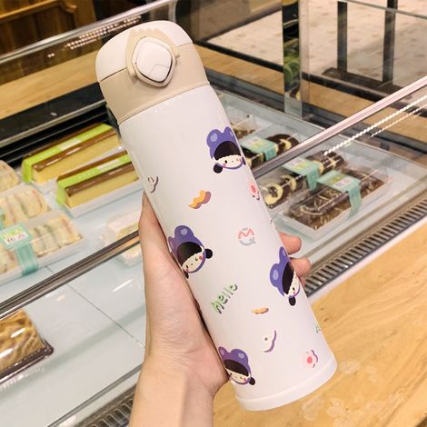 Isolierte Edelstahl-Thermosflasche mit Cartoon-Motiv, 450 ml, Weiß, 23 x 6,5 x 6,5 cm
