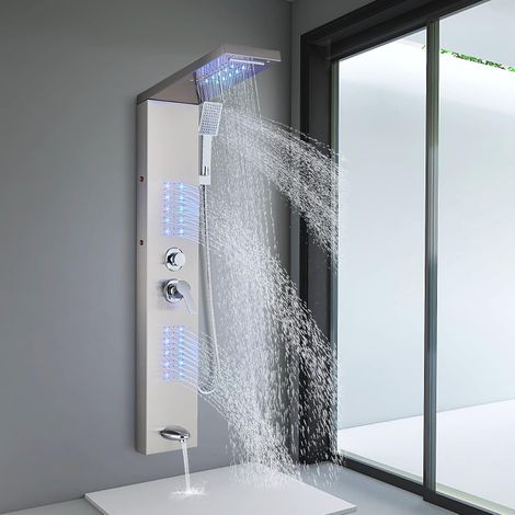 Suguword – Colonne de douche hydromassante en acier inoxydable 304 – Hauteur 110cm – Jets de massage réglables – Pommeau cascade LED
