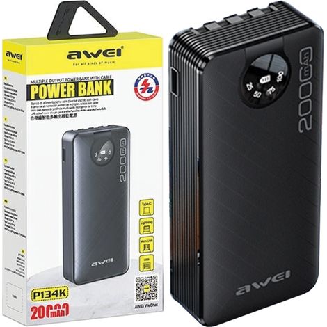 Awei Powerbank P134K 20000mAh schwarzes Display + USB/PD/Lightning/Micro-USB-Kabel (1/5)